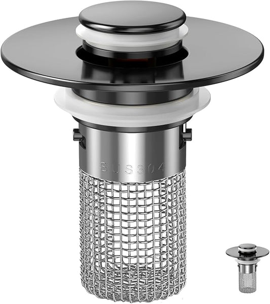 Sink Stopper Hair Catcher, Pop-up Sink Drain Strainer with Removable Stainless Steel Strainer Basket Hair Catcher, Bathroom Sink Strainer for Bathroom Sink Stopper Replacement(Matte Black-1PCS)