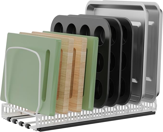 Housolution 1 Pack Baking Tray and Cookie Sheet Organizer, Cutting Board Organizer with 2 Using Methods, Bakeware Muffin Tin Storage Rack with 10 Adjustable Dividers for Cabinet, White