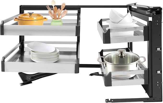 Blind Corner Cabinet Pull Out Organizer 2 Tier with 4 Detachable Shelves Magic Pull Out Deep Corner Cabinet Organizer Narrow Blind Cabinet Pull Out (Stainless Steel, Right Open)
