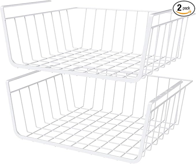 Under Shelf Storage - 2 Pack Under Cabinet Hanging Storage Organizer Metal White for Kitchen Pantry Desk Bookshelf