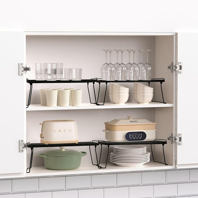 IBERG Set of 2 Stackable Cabinet Shelves, Foldable Mesh Iron Shelf Organizer for Kitchen, Pantry & Bathroom (Black)