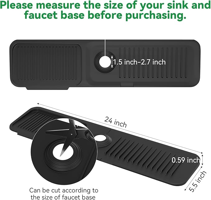 Kitchen Sink Splash Guard Behind Faucet 24 x 5.5 Inch, Toovem Faucet Handle Drip Catcher Tray, Longer Silicone Sink Faucet Mat, Dish Soap Sponge Holder for Bathroom, Farmhouse, Bar, Rv,Black