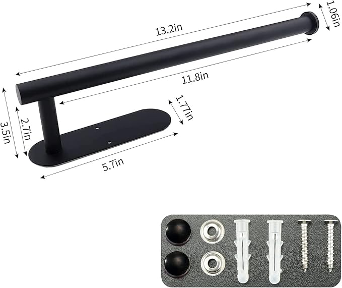 Paper Towel Holder with 2 Hooks-Under Cabinet Paper Towel Holder for Kitchen, Self-Adhesive or Screws, Space Saving Wall Mounted Kitchen Roll Holder, Bathroom, Stainless Steel Matte Black