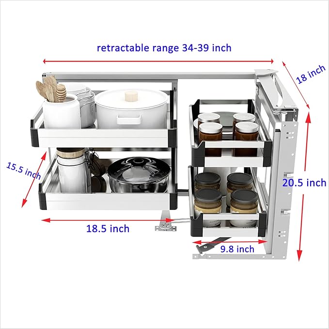 4-Shelf Corner Cabinet Pull Out Organizer, 2 Tier Slide Out Kitchen Cabinet Organizer Blind Corner Cabinet Storage Shelf Chrome for Right Handed Open Kitchen Cabinet