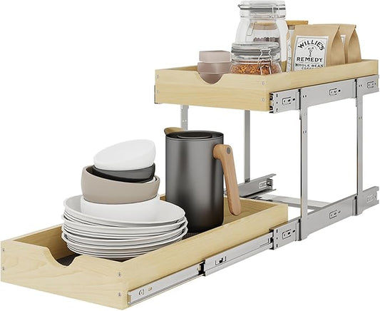 YORKING 2 Tier Pull Out Cabinet Organizer,14" W x 21" D Wooden Cabinet Roll Out Drawers,Heavy-Duty Slide out Wood Drawer Shelf,Pull Out Drawer for Cabinets,Pantry, Bathroom,Kitchen