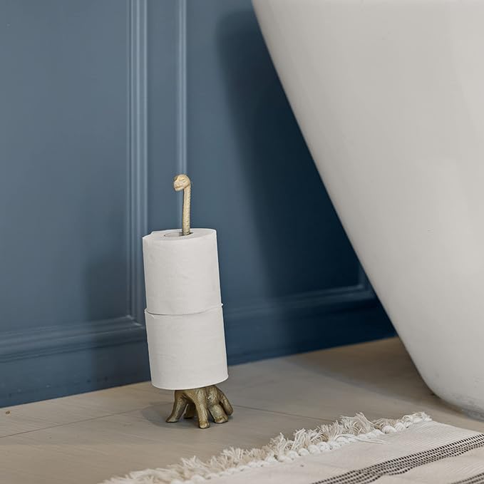 WallCharmers Gold Paper Towel Holder, Metal Toilet or Kitchen Paper Holder for Floor or Countertop, Gold Dino