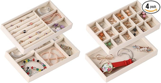 4-Set Jewelry Organizer for Drawer, Stackable Velvet Jewelry Trays with Removable Dividers, Earring and Necklace Holder for Dresser, Perfect as a Vanity Tray for Women
