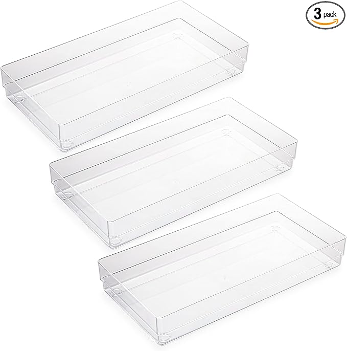 LotFancy Clear Plastic Drawer Organizer, 12’’ x 6” x 2’’, Set of 3 Drawer Storage Containers Bins for Dresser Cosmetics Makeup, Stackable
