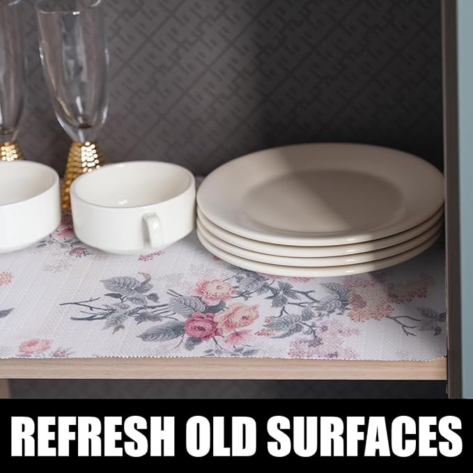 Amiitay Drawer and Shelf Liner for Cabinets, 12IN x 20FT Non-Adhesive and Strong Non-Slip Vintage Floral Shelf Cabinet Drawer Liners for Kitchen,Table,Bookshelves,Waterproof Cupboard Liners