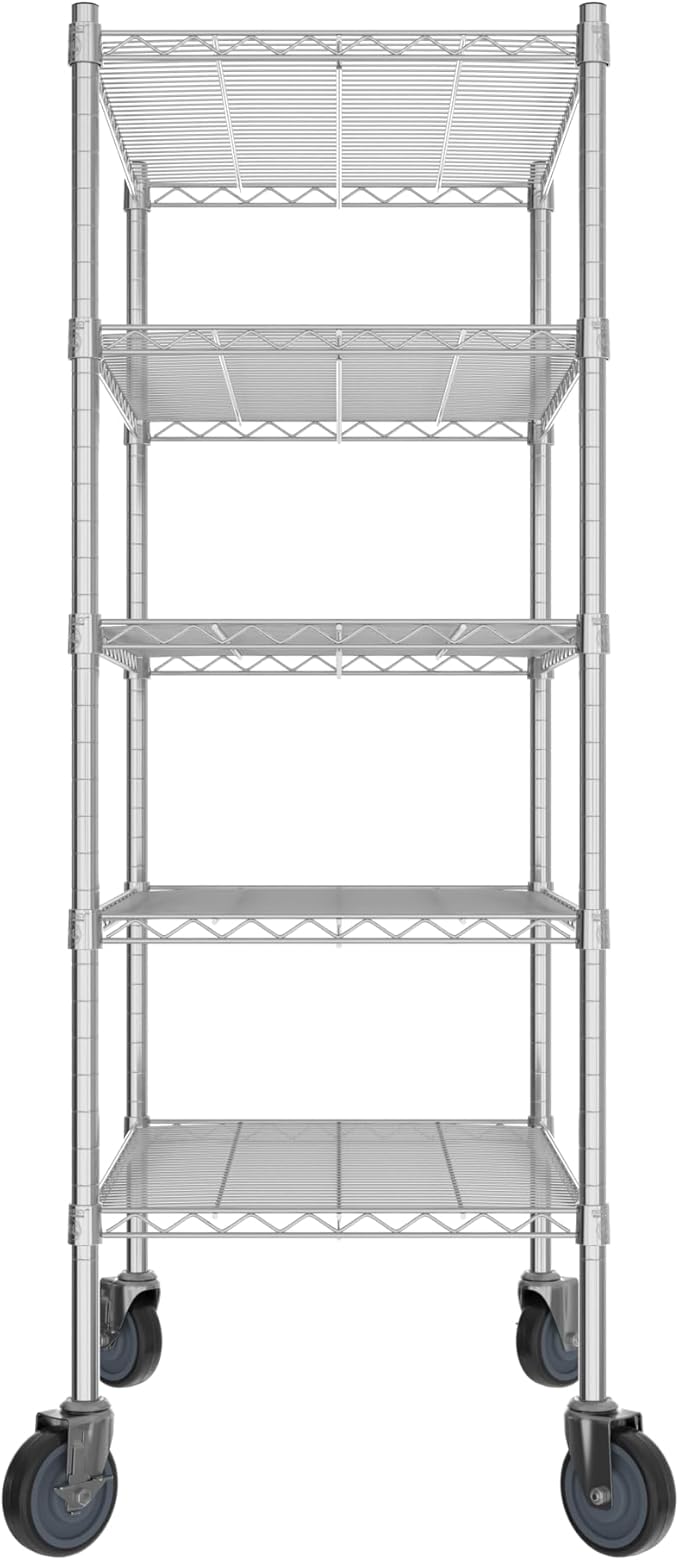 Commercial NSF Listed Chrome Mobile Wire Shelving Kit 21" x 30" x 60", with 5 Shelves Perfect for Warehouse, Walk-in Refrigerator, Freezer, Grocery Store, Restaurant, Dishroom