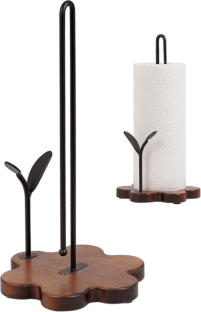 Wooden Paper Towel Holder Countertop, Floral Base with Dual Iron Rods in Antique Brown Finish, Leaf-Shaped Accent, Stable & Durable, Non Slip Pads, Elegant Kitchen/Dining Décor
