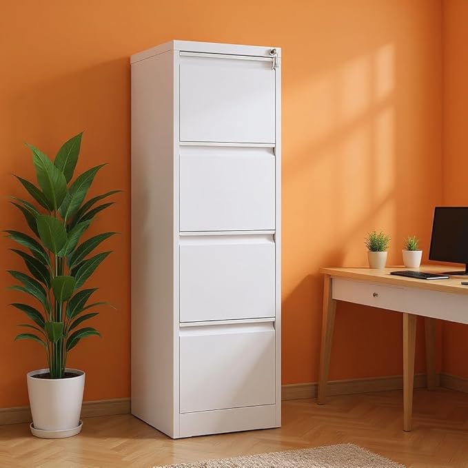 GarveeLife 4 Drawer File Cabinet with Lock, Vertical Metal File Cabinet Organizer for Home Office, Heavy Duty Filing Cabinets Lockable Storage Drawer for Letter/Legal/a4/f4 Size Files White