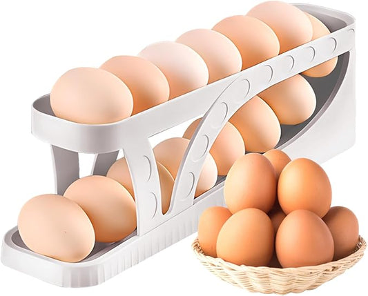 Egg DispenserAutomatic Rolling Egg Tray Organizer,2Tiers,Holds 15 Eggs Simultaneously,Space Saving Refrigerator Egg Roller,Works in The Refrigerator,Kitchen,Cabinets,Dining Table (White)