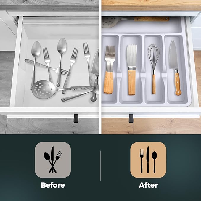 Silicone Silverware Drawer Organizer – Non-Slip Utensil Holder for Kitchen Drawers | Cutlery Tray for Forks, Knives, Spoons & More | Durable, BPA-Free, Easy to Clean – White