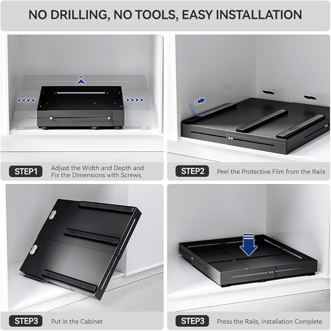 Pull-out Cabinet Organizer,Adjustable Depth(15.7"-24.4") And Width(12.8"-20.5"),3 Silent slides and 2 Support Pulleys,Easy to Assemble and Heavy-Duty Storing slide-out drawer,Black