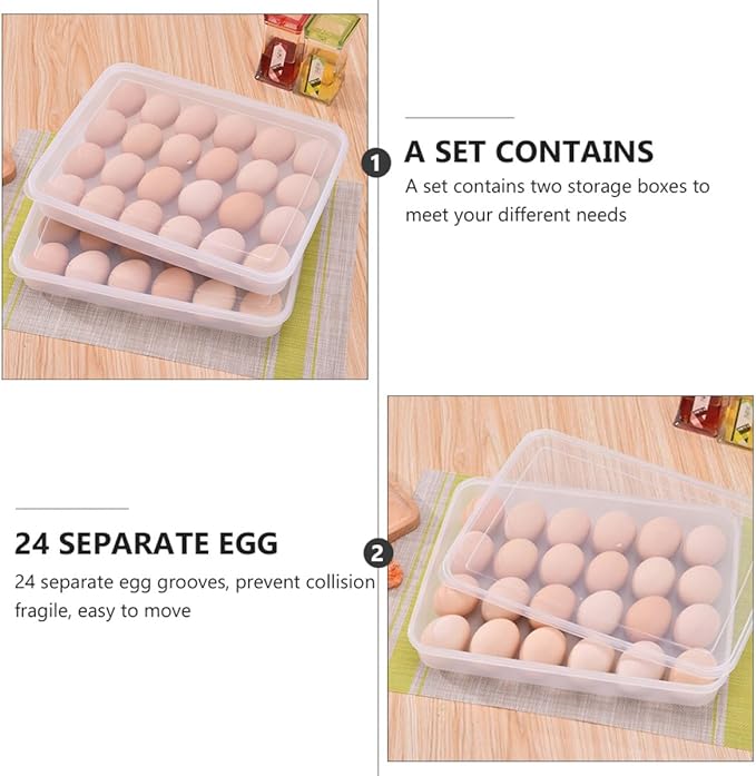VERDANVERSE 2pcs Refrigerator Egg Storage Box with Lid, 24-Grid Protective Egg Holder Tray Set for Fridge Organization and Freshness Preservation