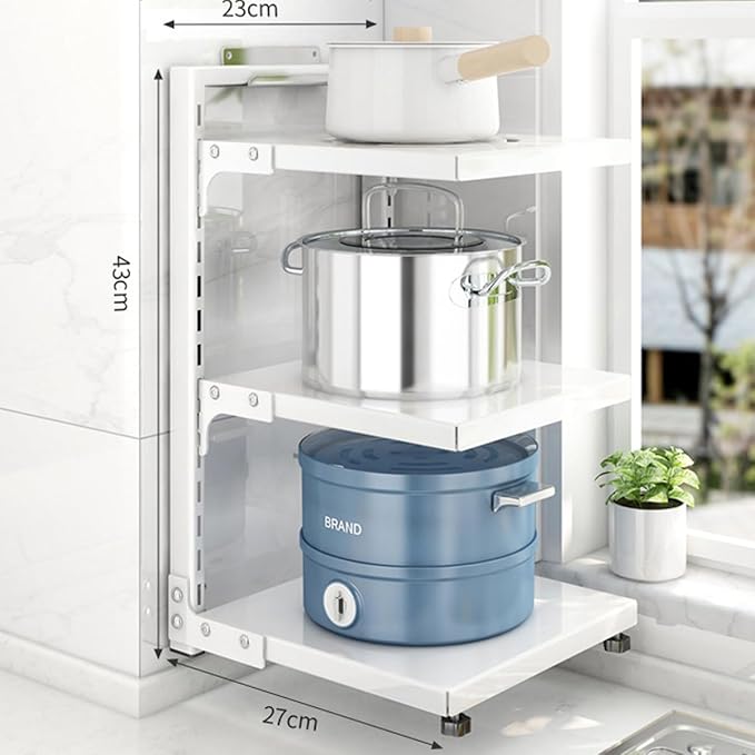Heavy Duty Pan Rack, Pot Lid Rack, Kitchen Cabinet Pantry Cookware Organizer Rack Holder with 3 Adjustable Dividers, White Pots and Pans Organizer