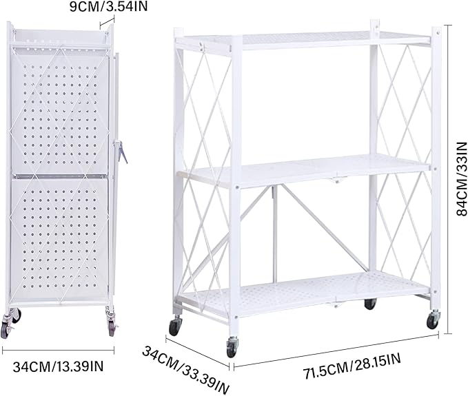 Foldable Storage Shelves with Wheels, Folding Shelving Units Storage, Heavy Duty Metal Collapsible Shelf No Assembly, Large Capacity Pop-Up Organizer for Garage,Kitchen,Living Room, 3-Tier White