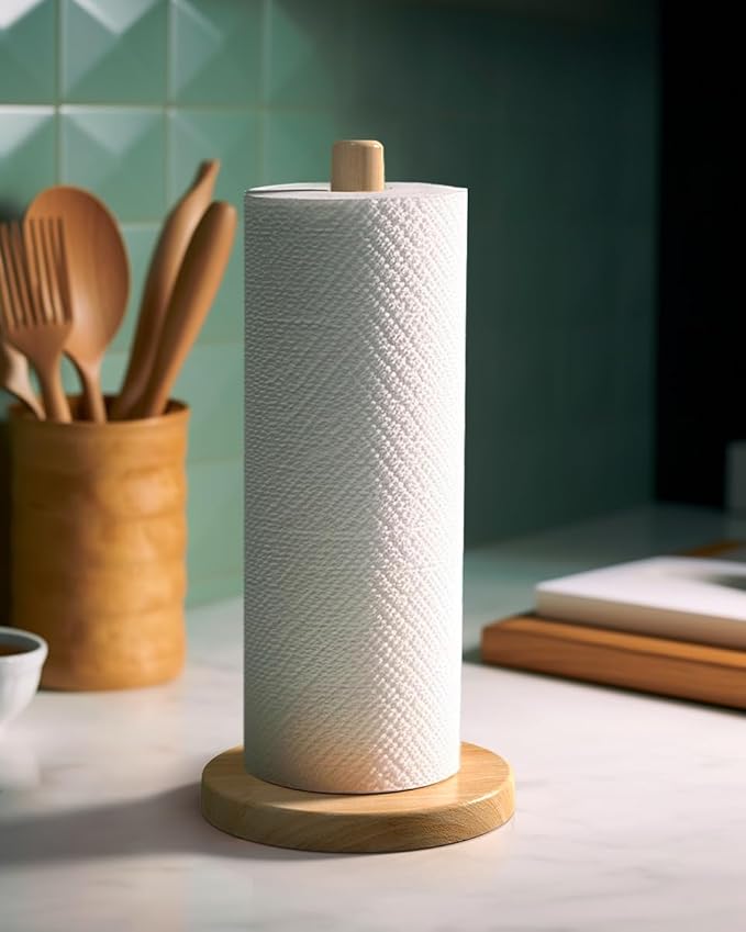 Wooden Paper Towel Holder Stand for Jumbo Roll - Kitchen Paper Hanger Rack Bathroom Towel Roll Stand Organizer Simply Standing Countertop Paper Roll Holder, Large