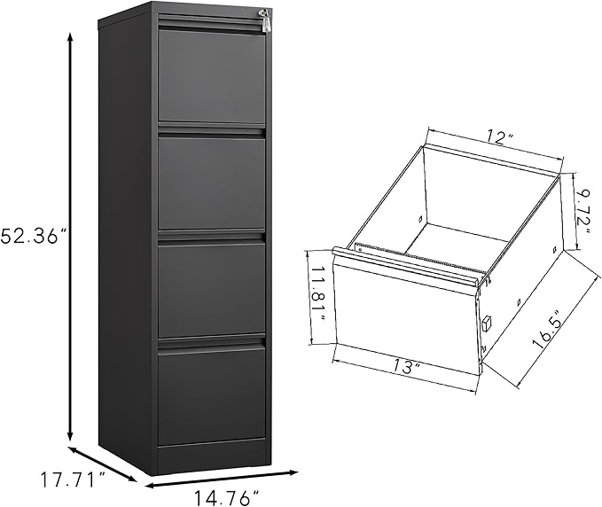 4 Drawer File Cabinet with Lock, Vertical Filing Cabinet for Home Office Garage, Metal Lockers Steel Lockable Drawer Storage Organizer for Letter Size/a4/Legal Files Black