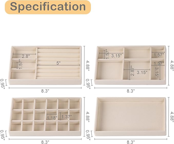Velvet Jewelry Drawer Organizer Inserts, Set of 8 Stackable Trays with Removable Dividers, Earring and Ring Holder Display for Dresser, Storage Case for Necklace Bracelet Watch - Beige