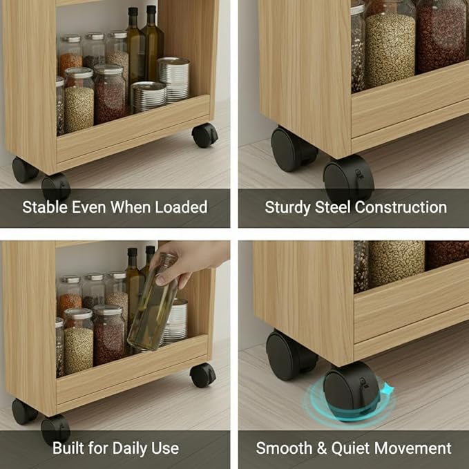 7 Tier Slim Rolling Storage Cart with Wheels, Narrow Storage Cabinet for Small Spaces, Mobile Spice Rack Organizer for Kitchen, Pantry, Baking Room, Dining Room(Wood,5.9"x21.6"x72.4")
