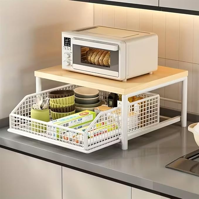 Kitchen Countertop Organizer with Drawer & Wire Basket, 3-Layer Fruit Storage Basket Snack Rack Hardwood, Desktop Pull-Out Metal Organizers for Coffee Maker Microwave Toaster & Spices (2-Layer Black)