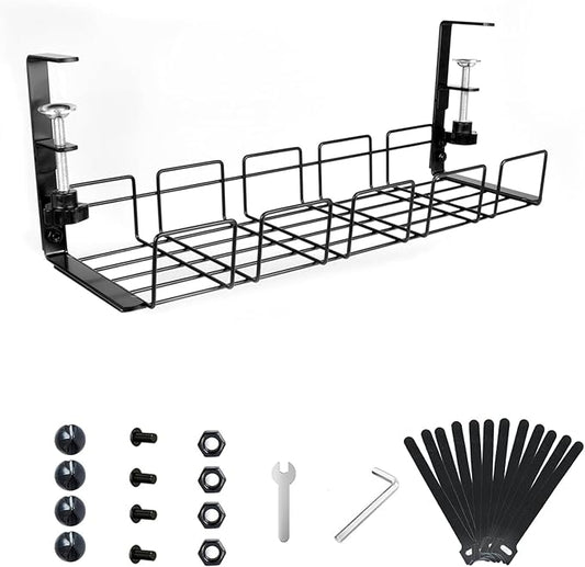 Under Desk Cable Management Tray No Drill - 15.7'' Long 5.1'' Wide Workspace Organizers, Pc Accessories, Steel Cord Organizers, 4 Cable Holder, 12 Roll Cable Organizer Straps(Black)
