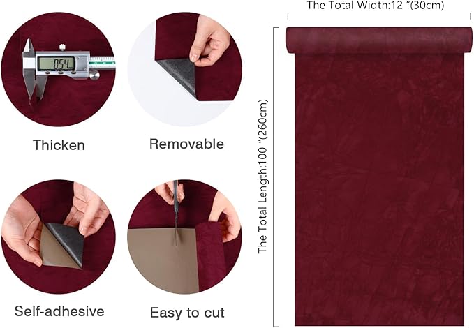 CHIHUT 12''x100'' Dark Red Self Adhesive Velvet Flocking Liner Sheet Soft Velvet Flock Contact Paper for Jewelry Colored Thick Fabric Wallpaper Peel and Stick Velvet Lining for Drawers DIY Projects
