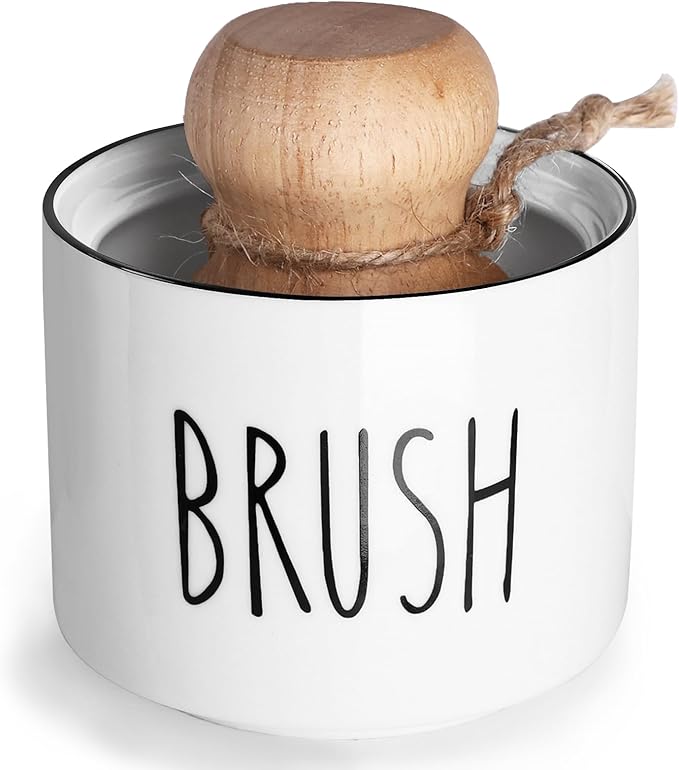 ONTUBE Ceramic Dish Brush Holder, Farmhouse Scrub Brush Holder Dishwashing Brush Stand, Soap Dispensing Kitchen Brushes Holder (White)