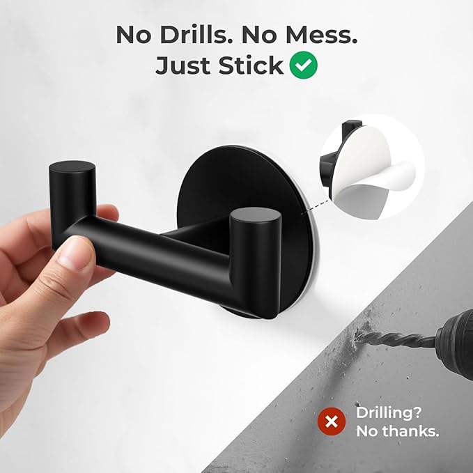 GWAAZXGZ 2 Pack Black Bathroom Hooks for Towels - Self Adhesive Double Hooks for Wall, No Drilling, Matte Finish, Strong Hold for Robes, Coats, Shower Use