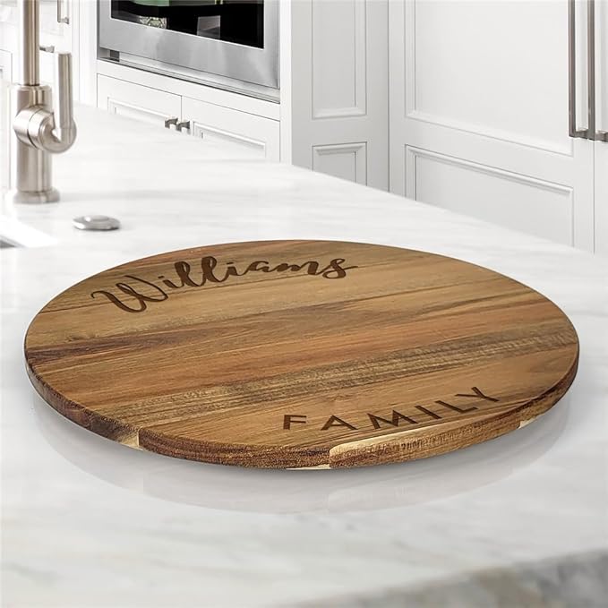 Engraved Family Name Script Personalized Lazy Susan, 16" Rotating Tray Brown