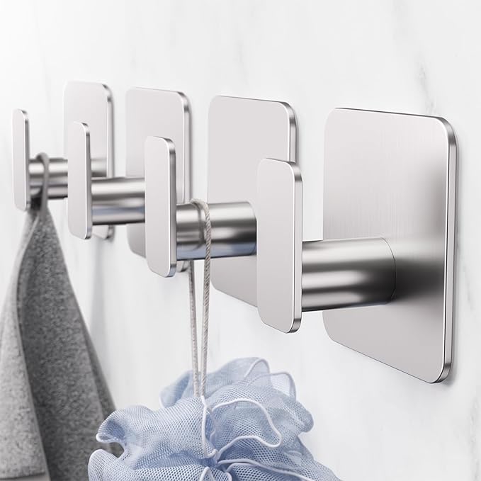 Aikzik Silver Hooks for Hanging Heavy Duty, Adhesive Hooks for Shower, Bathroom, Kitchen, Robe, Towel, Coat, Waterproof & Rustproof Hook for Walls No Damage, Sticky Wall Towel Hooks - 4 Pack