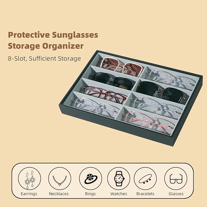 Glasses Holder Box Drawer Sunglass Organizer for Men Clear Wide Storage Case 8 Slots Multiple Reading Glasses Display, Black Leather