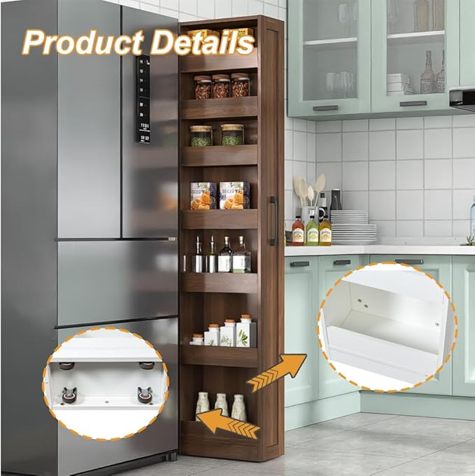 7 Tier Slim Storage Cart, Rolling Spice Rack Next to Fridge Slim, Narrow Storage Cabinet, Wood Storage Organizer with Handle Wheels for Kitchen, Dining Room (7 Tier - Walnut)