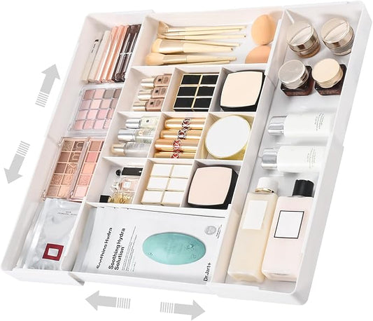 MIUOPUR Expandable Drawer Organizer, Width (10.6"-20.1") Depth (11"-20.1"), Plastic Makeup Drawer Organizer with 6 Removable Dividers, Silverware Organizer, Great for kitchen and Bathroom Drawers