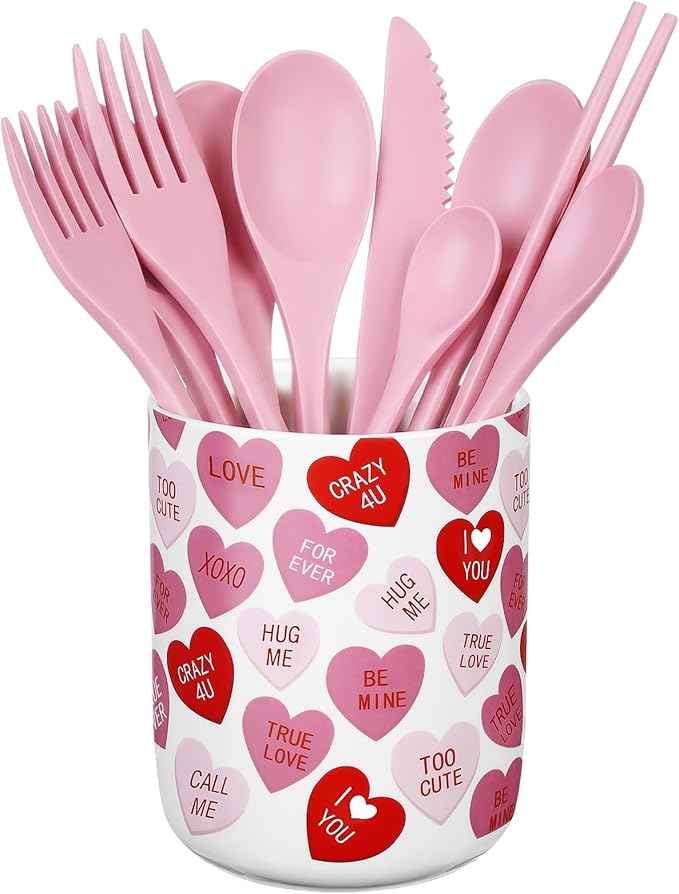 Valentine's Day Ceramic Utensil Holder 6.3 Inch Love Words Home Kitchen Utensil Crock for Anniversary Countertop Storage Organizer Container Dining Table Decor Wedding Gift(Love Words)