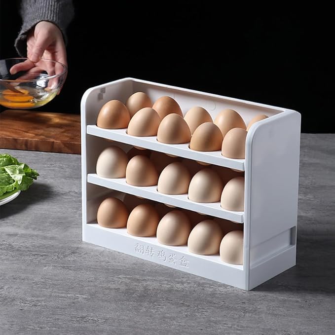 GARVALON 3-tier White Egg Storage Rack for Refrigerator Side Door Household Freezer Egg Organizer Tray Kitchen Holder Container for Preservation and Fridge Organization
