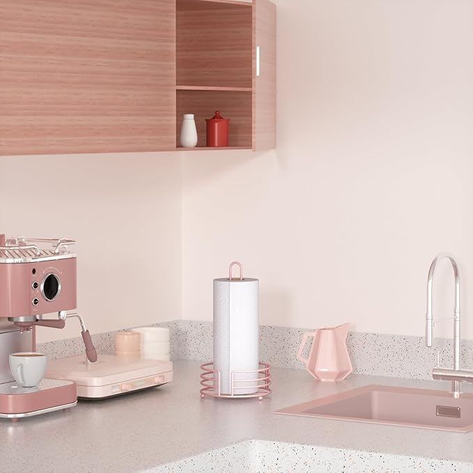 Buruis Paper Towel Holder for Kitchen Countertop, Pastel Pink - One Hand Tear with 8" Wide Base, 13" Height, Raised Feet & U-Handle - Heavy-Duty Steel Stand, Fits Jumbo Mega Rolls