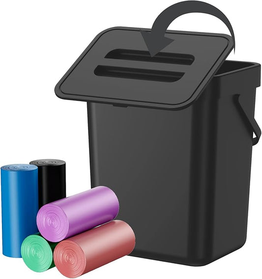 Compost Bin Kitchen, Includes 100 Trash Bags, Hanging Trash Can with Lid, Features Pet-Proof, Odor-Proof, and Quiet Opening/Closing. Suitable for Bathrooms/Bedrooms/Offices (Black, 0.8Gal/3L)