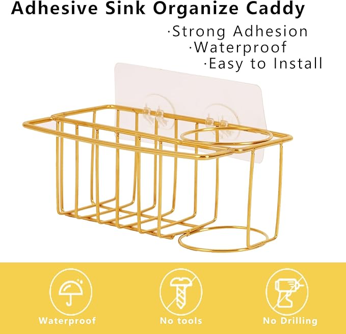 3-in-1 Adhesive Sink Caddy Kitchen Sink Organizer,Stainless Steel Sponge and Brush Holder for Kitchen Sink,Suitable for Sponges,Dish Cloth,Scrubbers, Soap, Kitchen, Bathroom.Gold