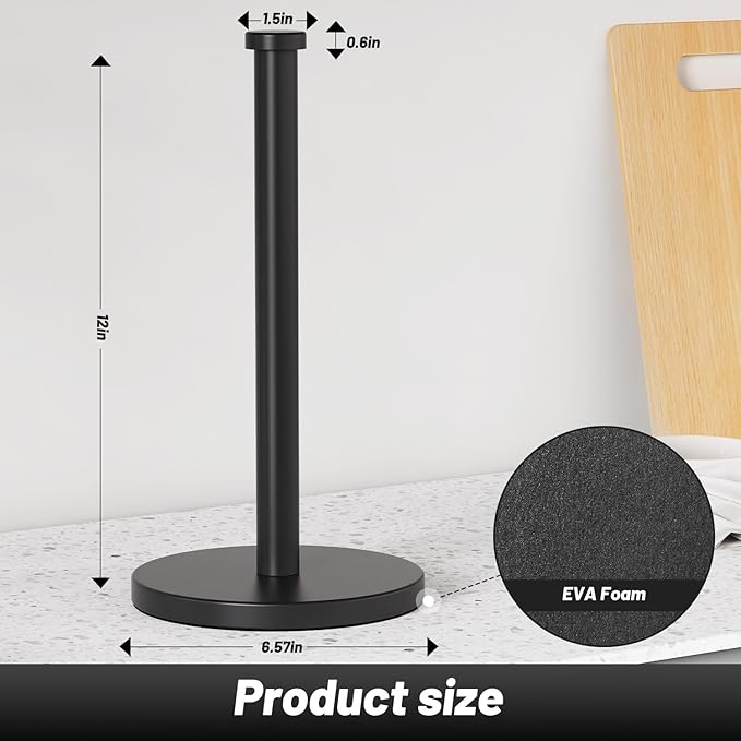 VEHHE Paper Towel Holder Countertop, Weighted Non-Slip Base, Stainless Steel Paper Towel Holder for Kitchen Bathroom (Black)