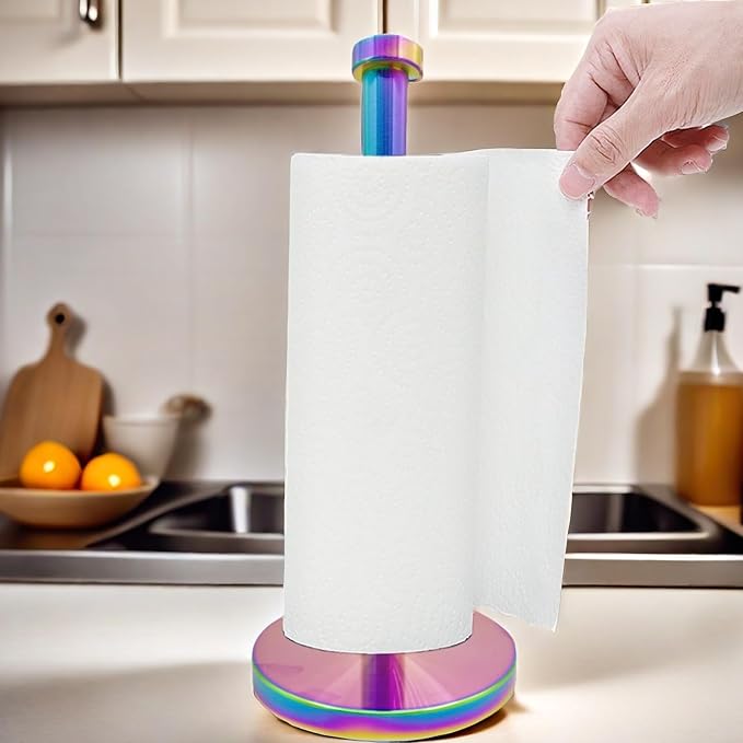 Stainless Steel Paper Towel Holder Countertop, Rainbow Kitchen Roll Holder Stand with Weighted Base Removable Top for a Variety of Paper Towels