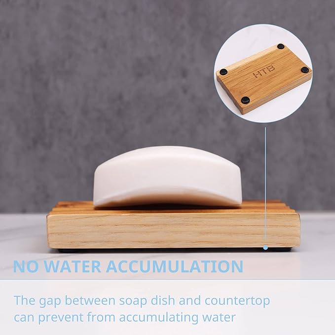 Teak Soap Dish for Shower Pack of 2 by HTB, Wood Decorative Bath Soap Holder Heightened Base Design to Keep Soap Dry in Kitchen, Bathroom, Sink, Bathtub, Wooden Soap Saver for Hand Face Shampoo Bar