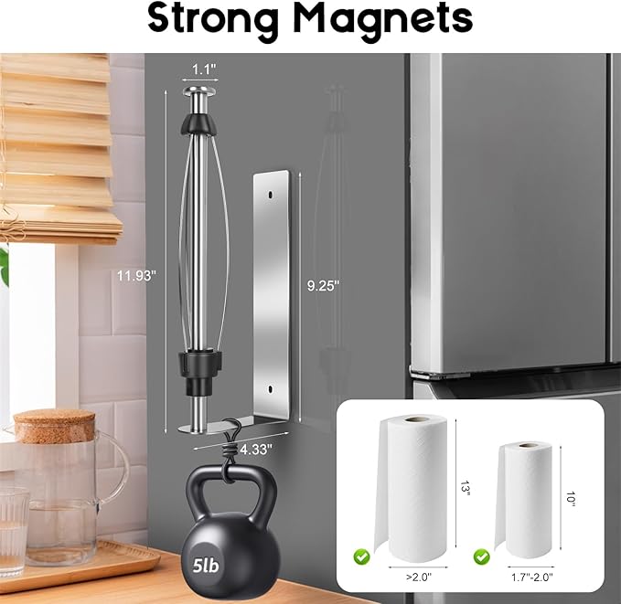 Magnetic Paper Towel Holder with Adjustable Damping, One Hand Tear, Smooth Tension Control, Strong Magnet & Self Adhesive Wall Mount, No Drilling for Kitchen, Fridge, RV, Garage, Grill (Silver)