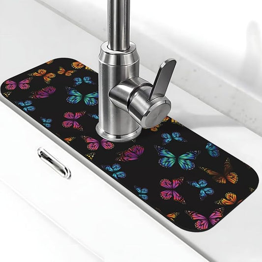 Butterfly Abstract Butterflies Kitchen Sink Splash Guard Faucet Mat Super Absorbent Fast Drying Mat Sink Gadgets-Fast Drying Pad Sink Mat For Kitchen Bathroom (15" X 5.5" )