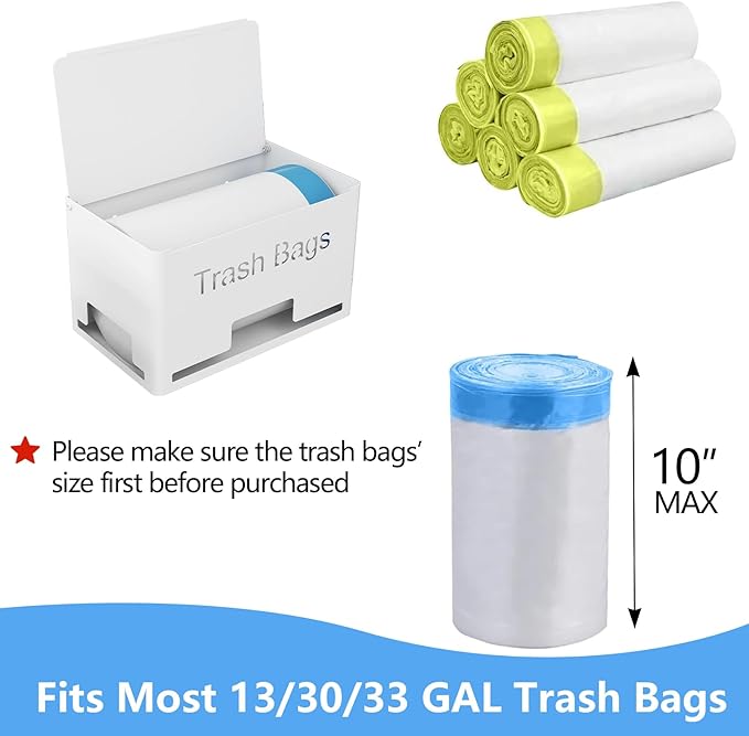 Large Trash Bag Holder Dispenser, Metal Garbage Bag Dispenser Roll Holder, Kitchen Trash Storage Organizer for Under Sink, Wall Mounted or Countertop, White