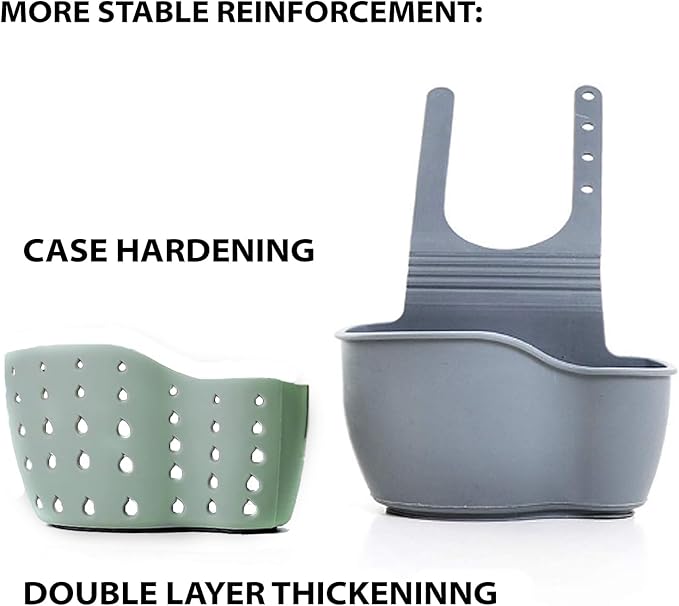 Kitchen Sink Caddy - Silicone Plastic Soap Sponge Holder - BPA-free Rack - Faucet Caddy with Drain Holes for Drying - Adjustable Hanging Strap (Green)