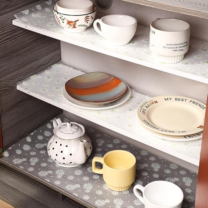Daisy Flower Shelf Liner for Kitchen Cabinets, Non-Adhesive Drawer Liners, Non-Slip Refrigerator Mat, Washable EVA Cabinet Liner for Pantry, Fridge, Closet, Cupboard