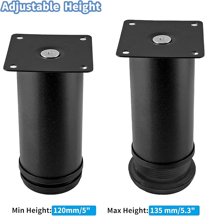 Set of 4 Stainless Steel Furniture Legs 5 Inch, Adjustable Round Cabinet Legs 2" Dia Kitchen Feet, Metal Replacement Legs for Cabinet Sofa Couch Shelves Table (Black)